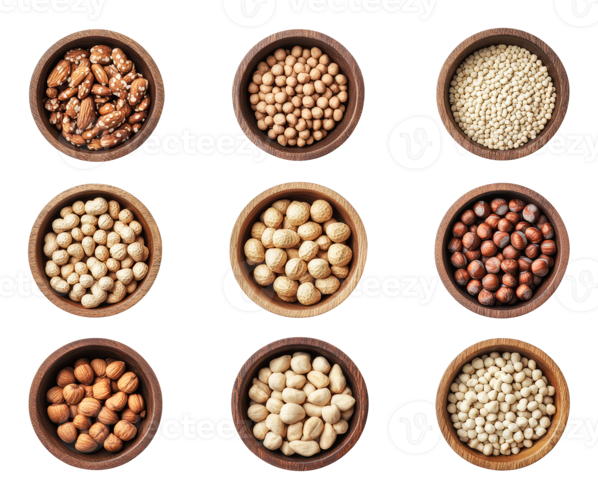 Various kinds of nuts and seeds in wooden bowls png