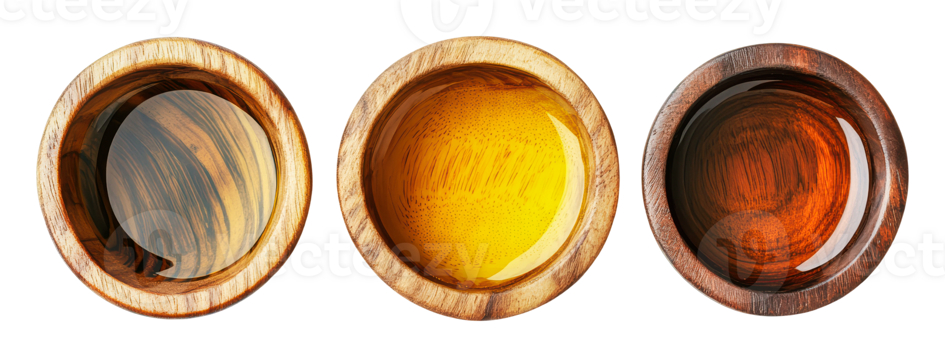 Natural wood bowls filled with different liquids png