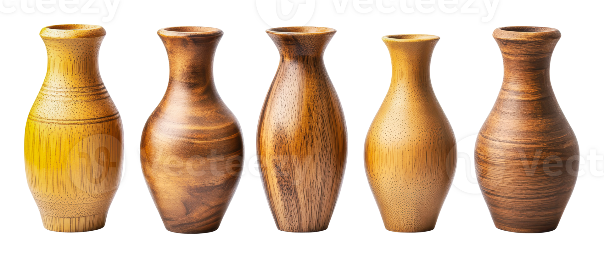 Unique wooden vases displayed in a row png