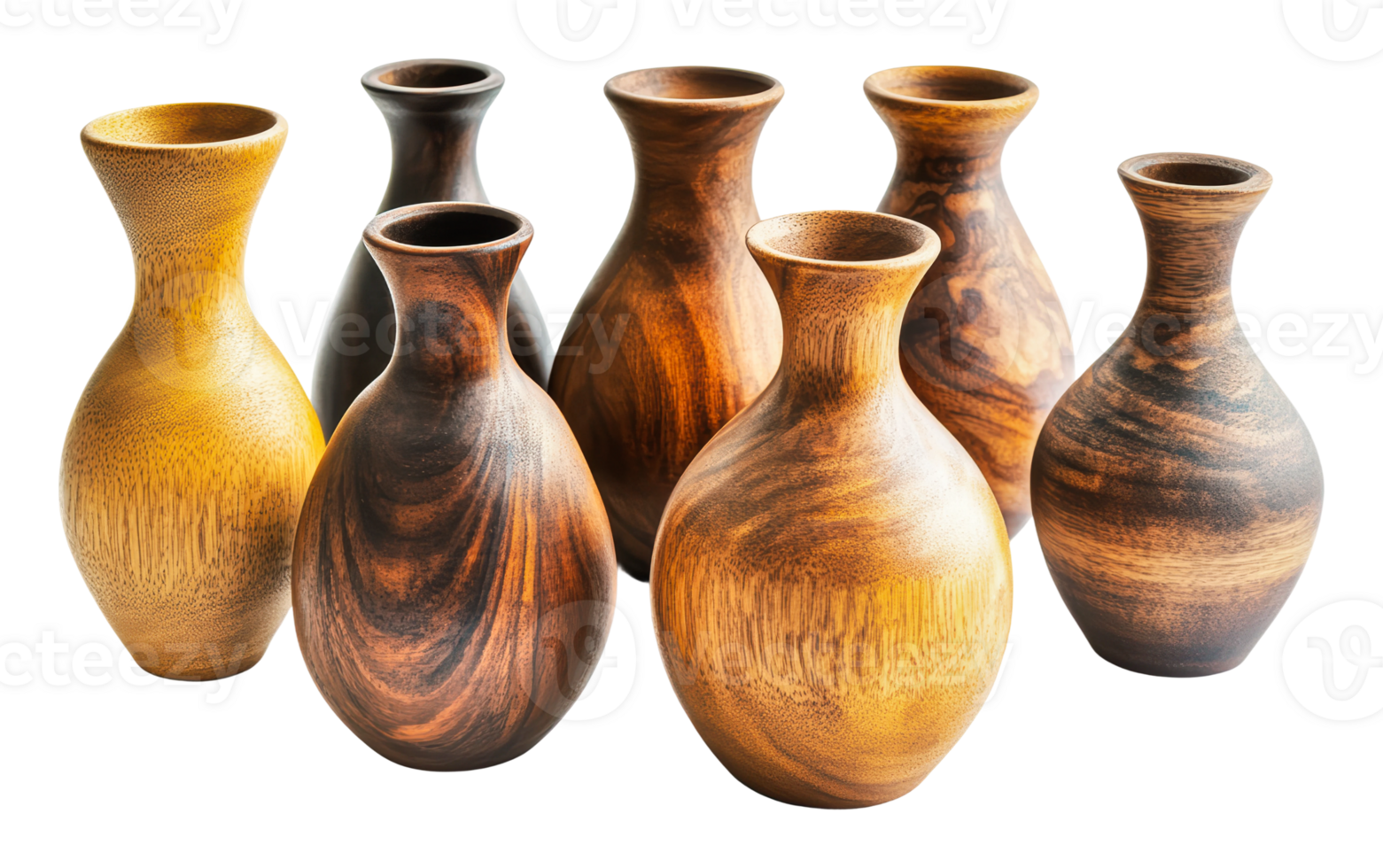 Elegant wooden vases in varying shapes and tones png