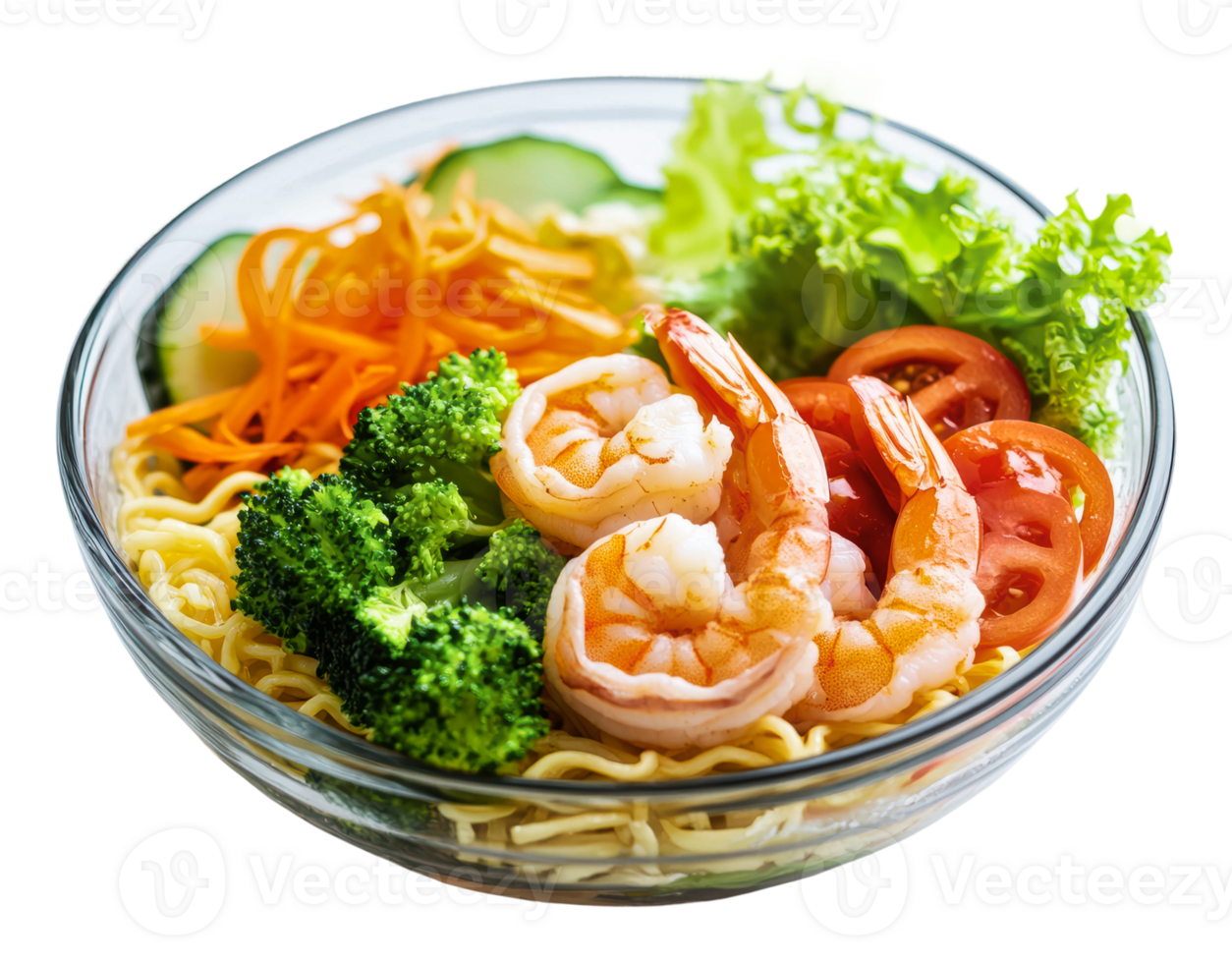 Fresh shrimp and vegetable noodle bowl prepared png