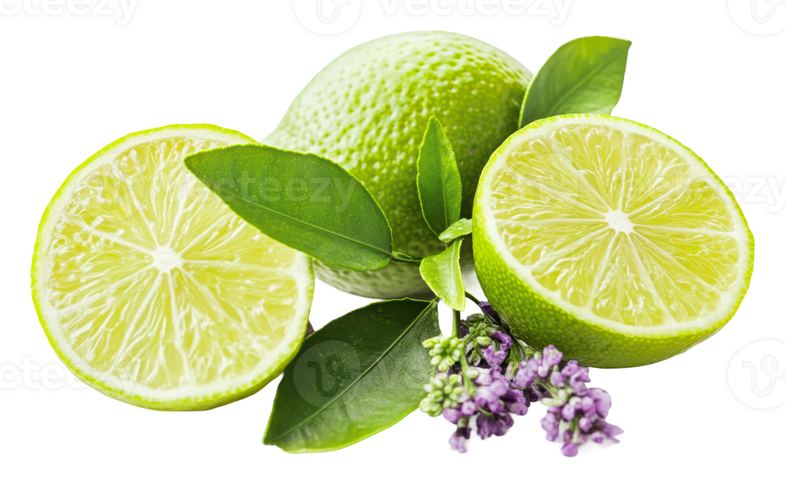 Fresh limes with leaves and lavender sprigs png