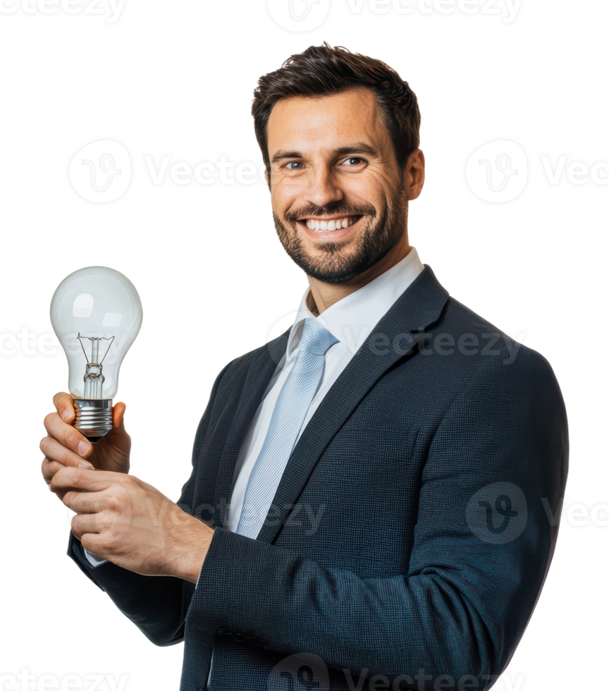 Businessman holding a light bulb while smiling png