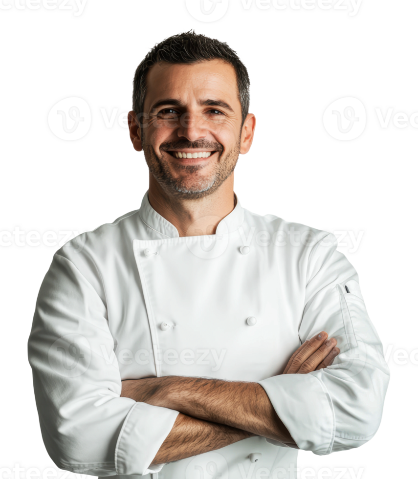 Chef smiling confidently in a professional kitchen png