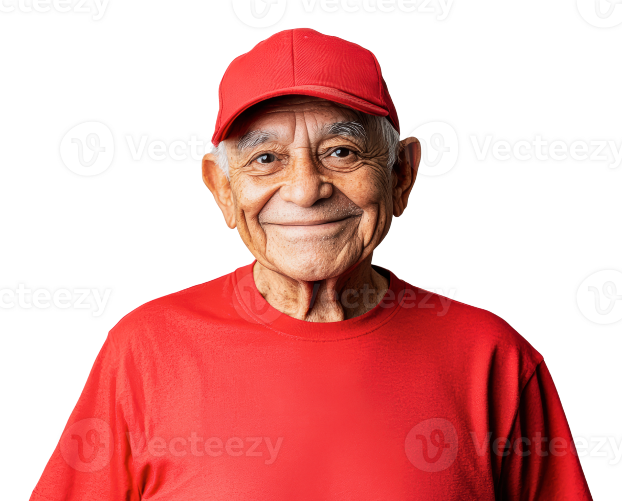 Happy elderly man wearing red clothing and cap png