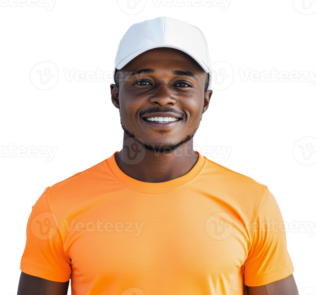 Smiling man in orange shirt and white cap png