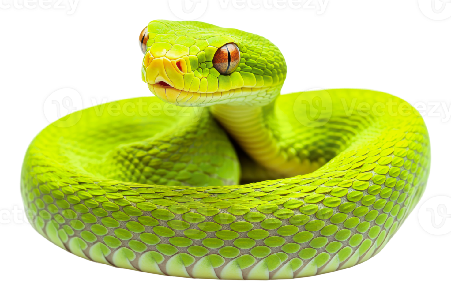 Bright green snake resting on a white surface png