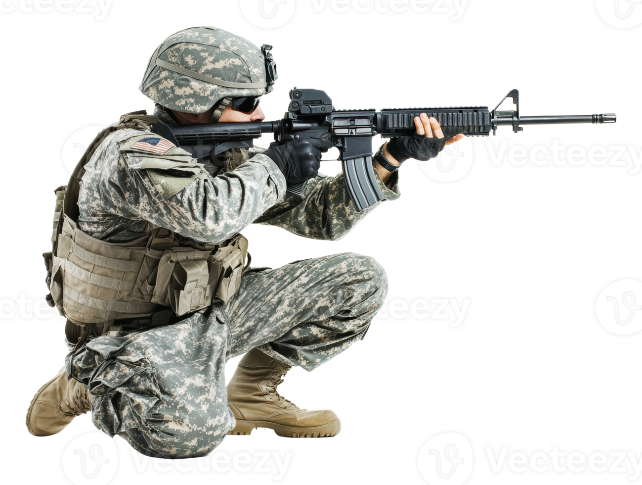 Soldier aiming with rifle in tactical stance png