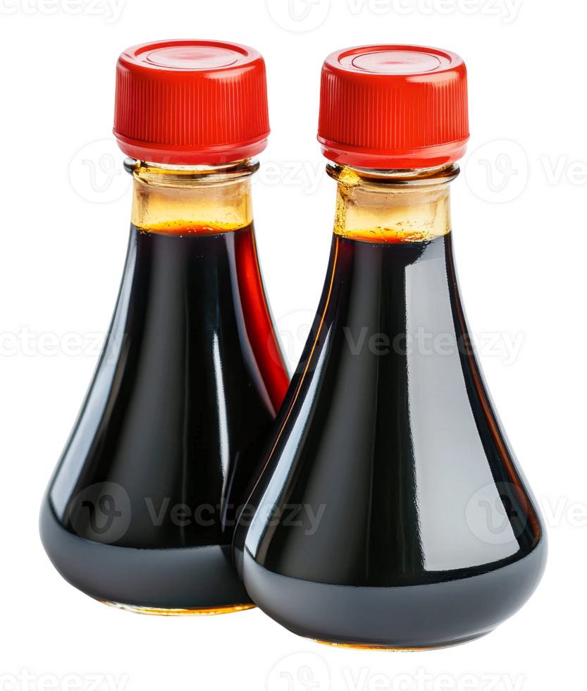 Bottles of dark sauce with red caps on display png