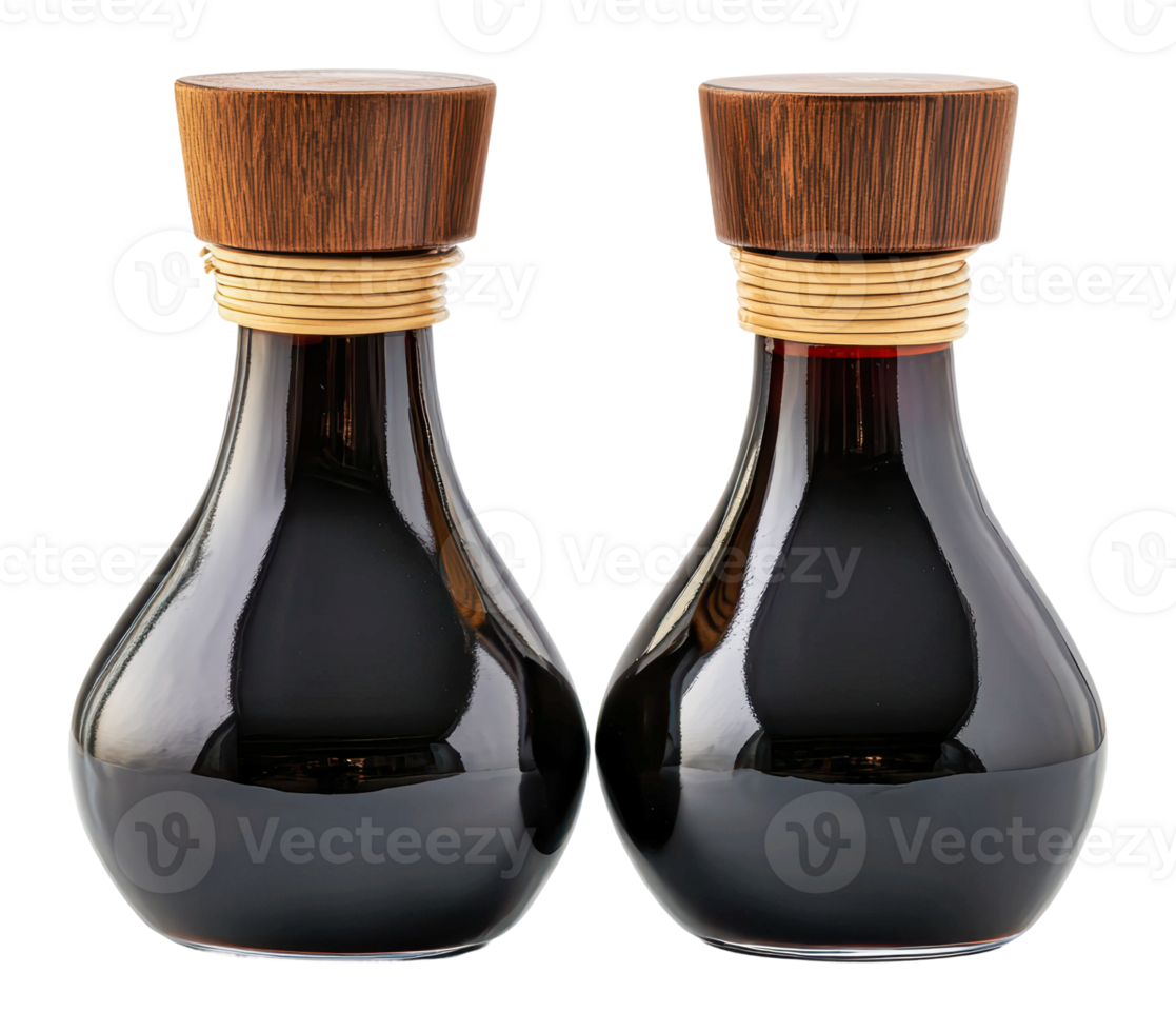 Unique set of rich soy sauce bottles on display png