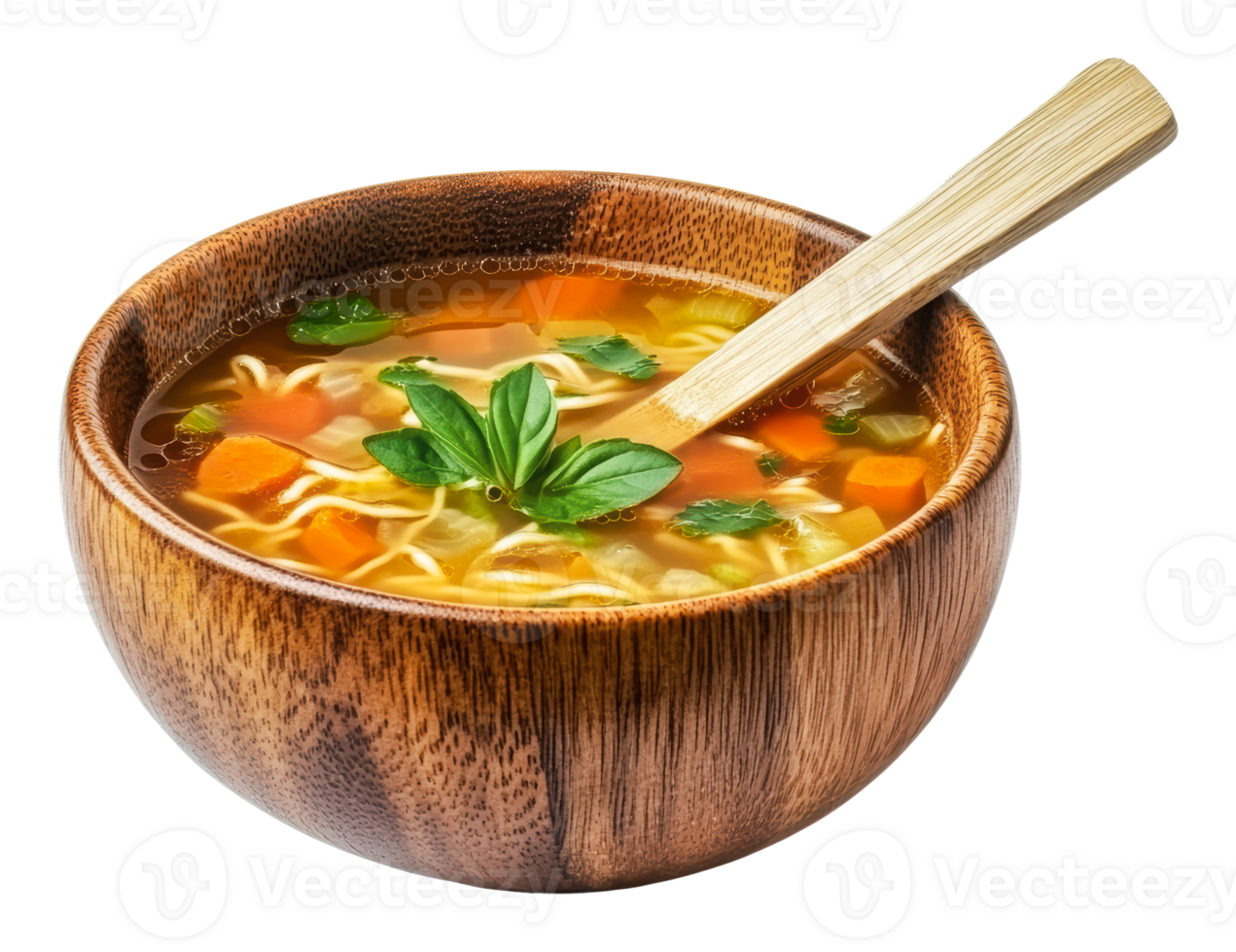 Warm vegetable soup served in a wooden bowl png