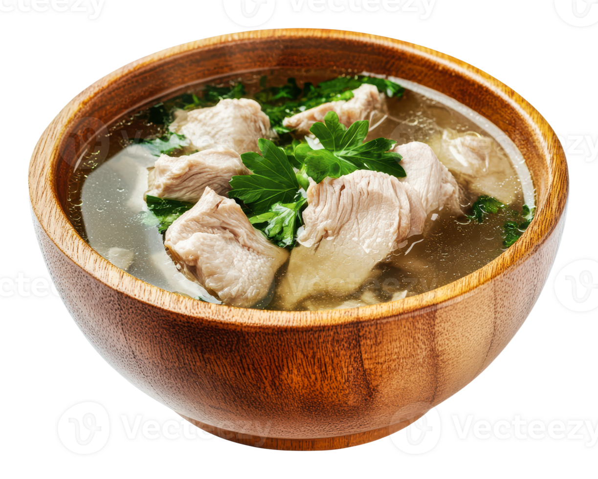 Savory soup with tender chicken and herbs png
