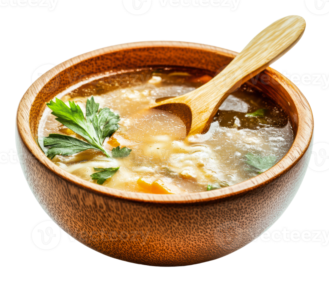 Delicious homemade soup served in a wooden bowl png