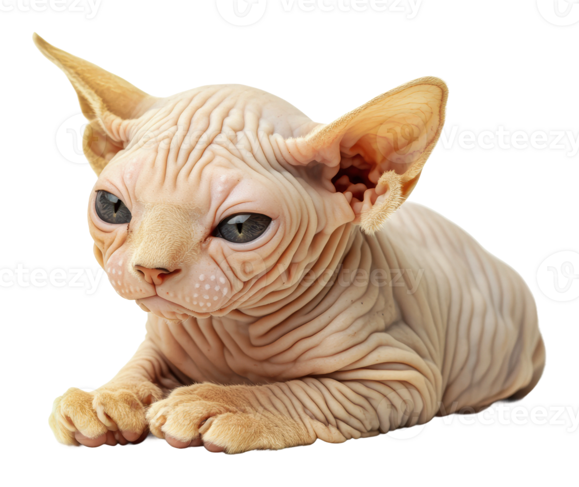 Unique sphynx cat resting with attentive gaze png