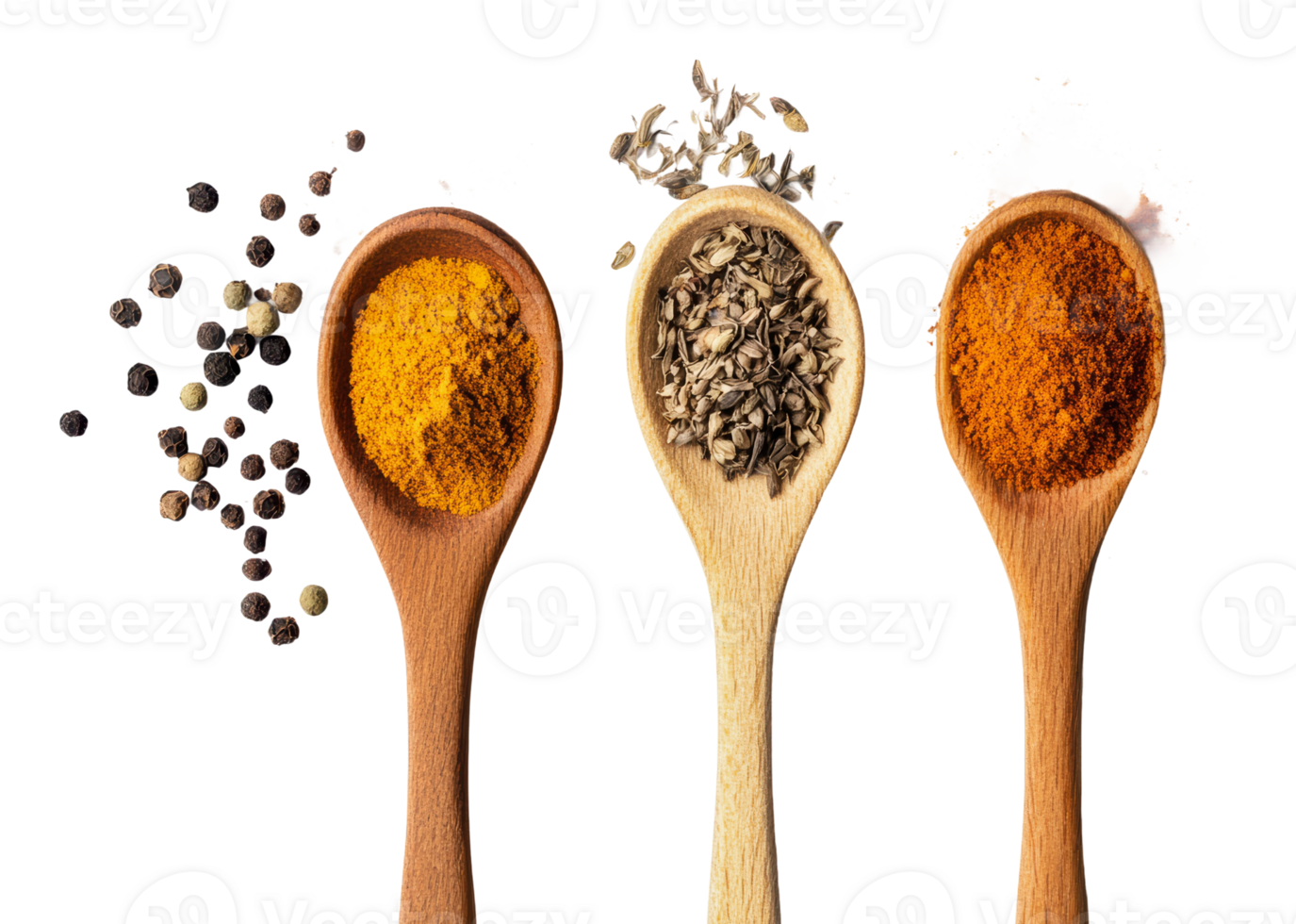 Colorful spices arranged on wooden spoons png