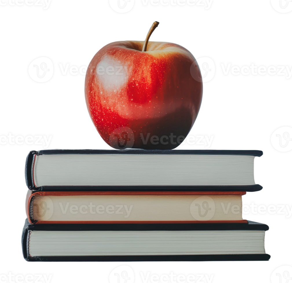 Apple resting on three stacked books in a study png