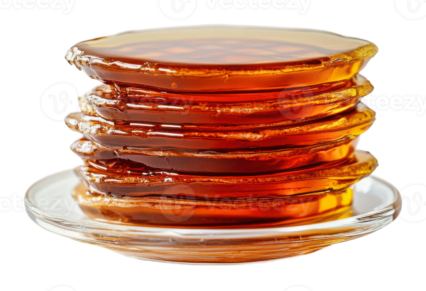 Stacked amber discs of natural honey on a dish png