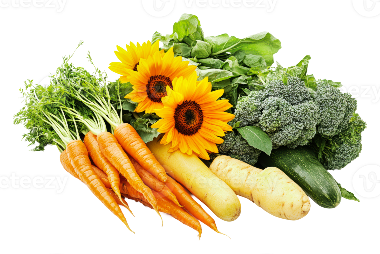 Fresh vegetables and sunflowers arranged neatly png
