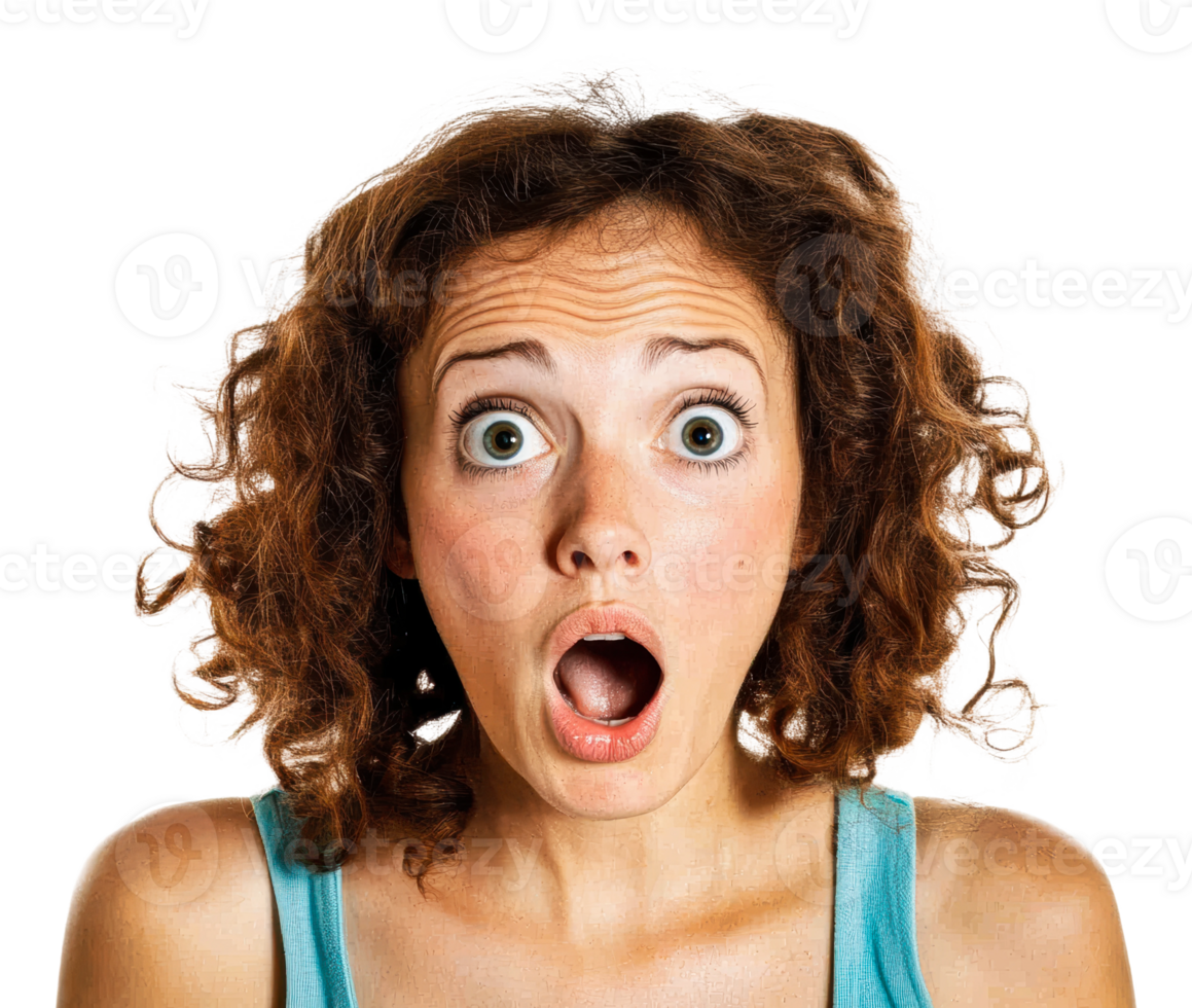 Woman displays shock with wide eyes and open mouth png