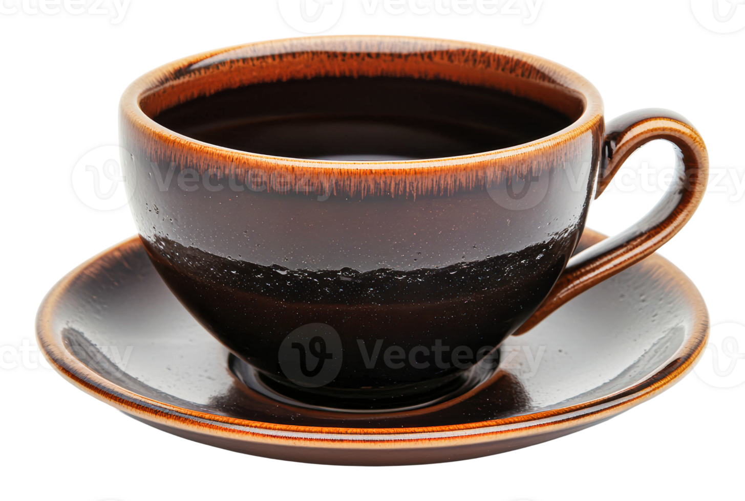 Elegant black ceramic cup with saucer on display png