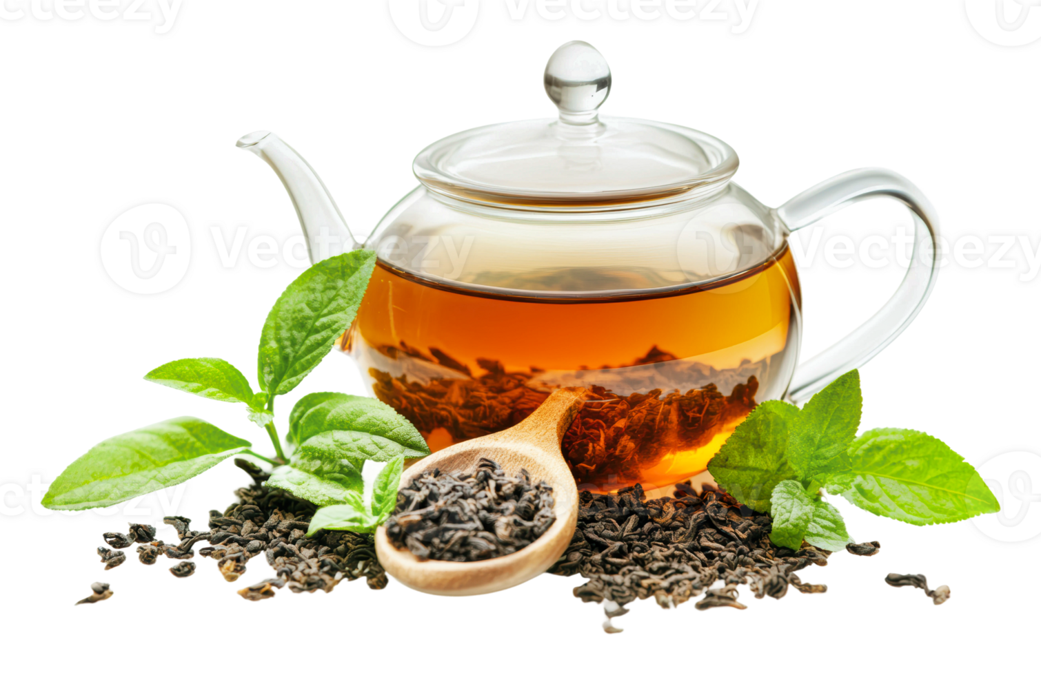 Brewed black tea with fresh mint leaves on display png