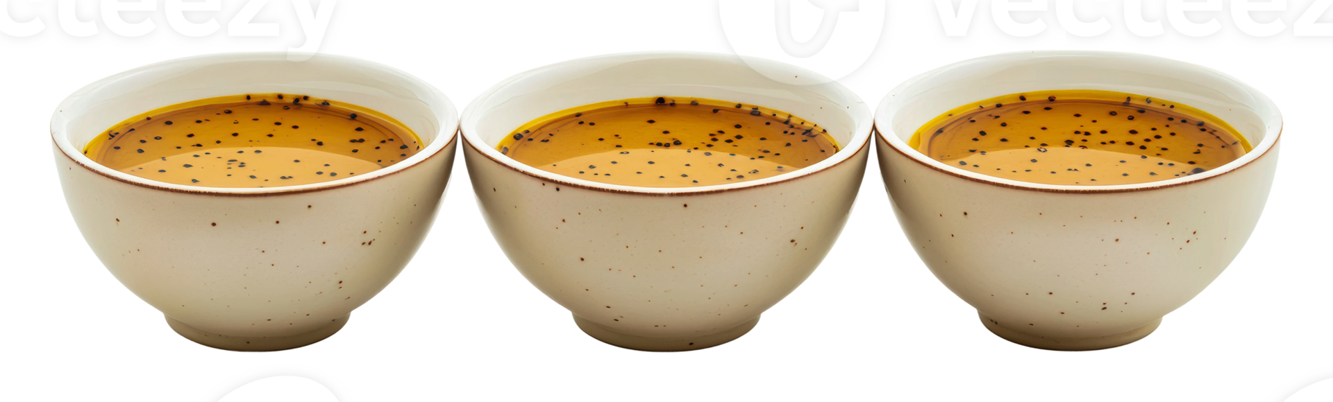 Three bowls of golden sweet dessert on display png