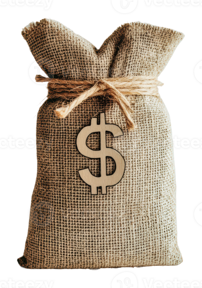 A burlap sack filled with money sits upright png