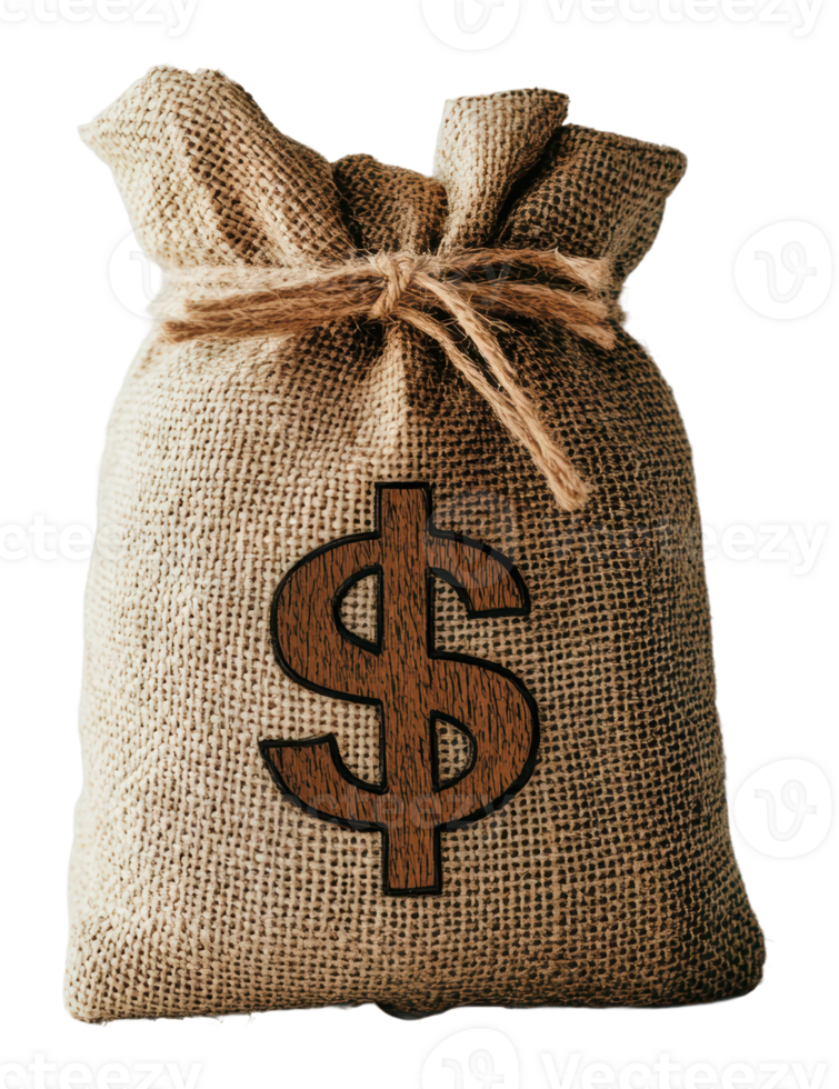 Burlap sack with dollar sign held for display png
