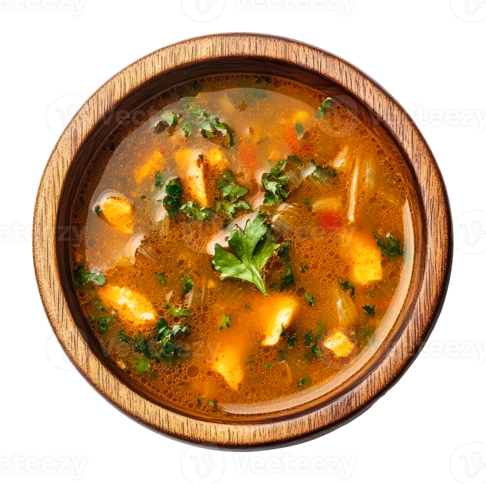 Delicious bowl of hearty vegetable soup with herbs png