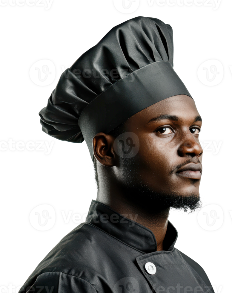 Confident chef in black uniform and hat png