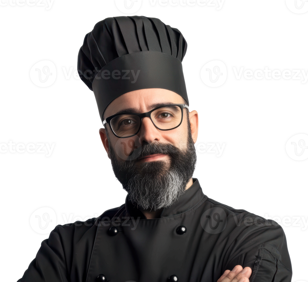 Chef wears black uniform and hat with confidence png