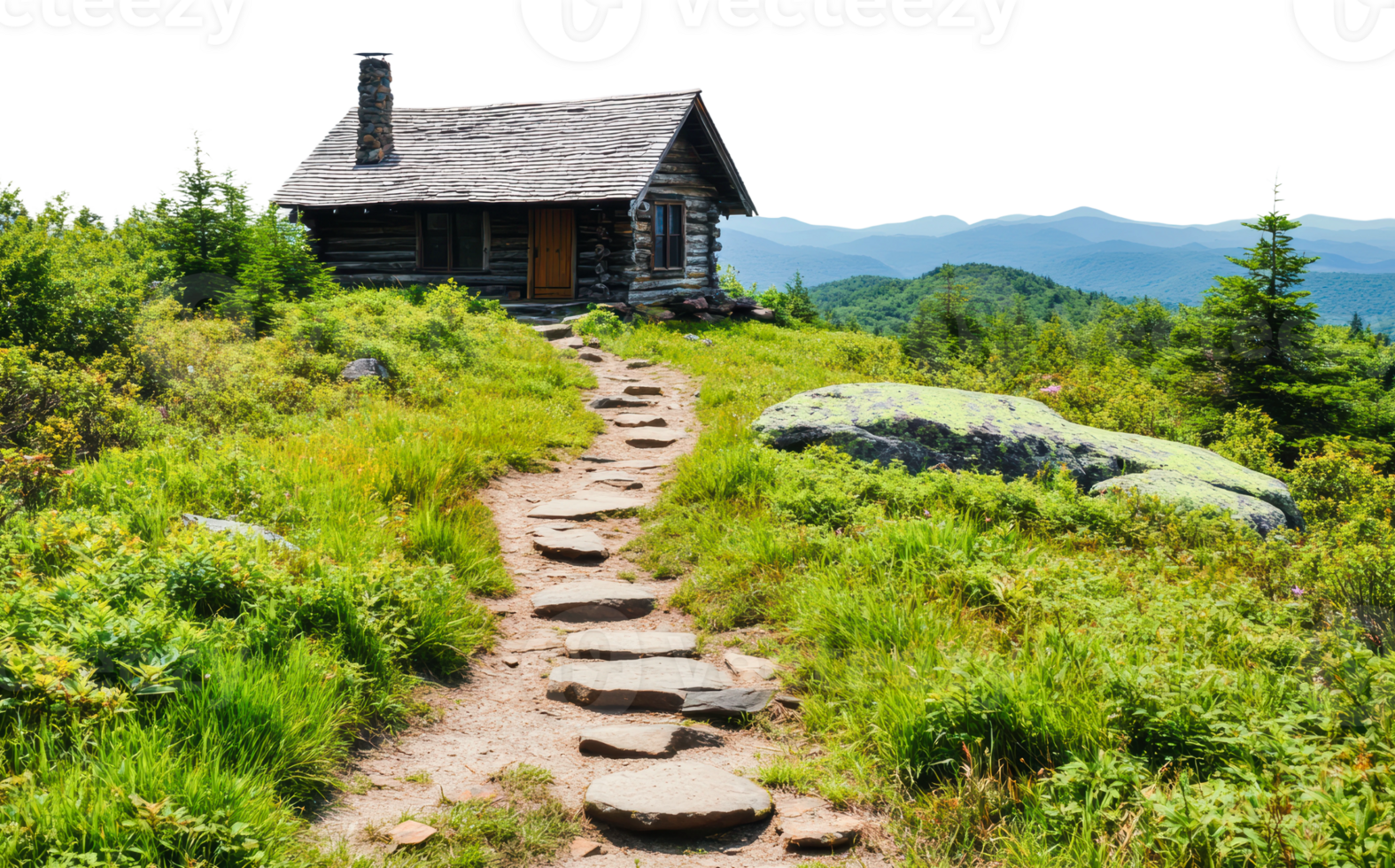 Rustic cabin with stone path in mountain landscape png
