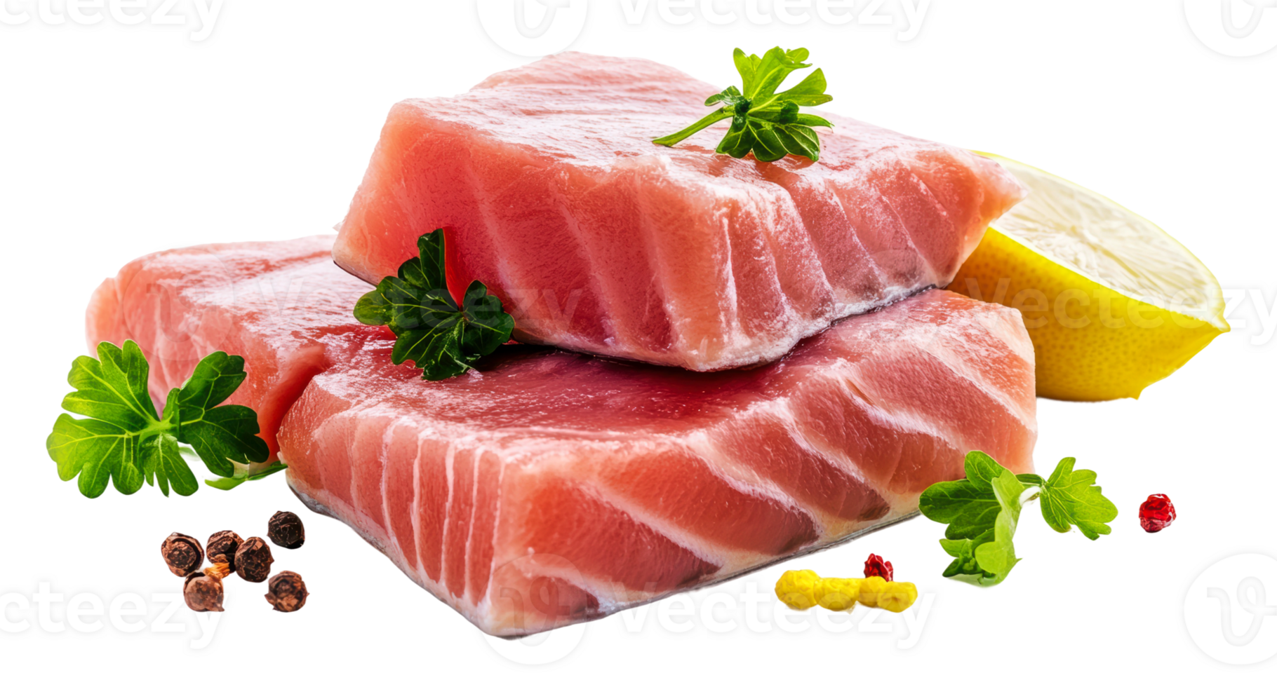 Fresh salmon fillets with herbs and lemon slice png