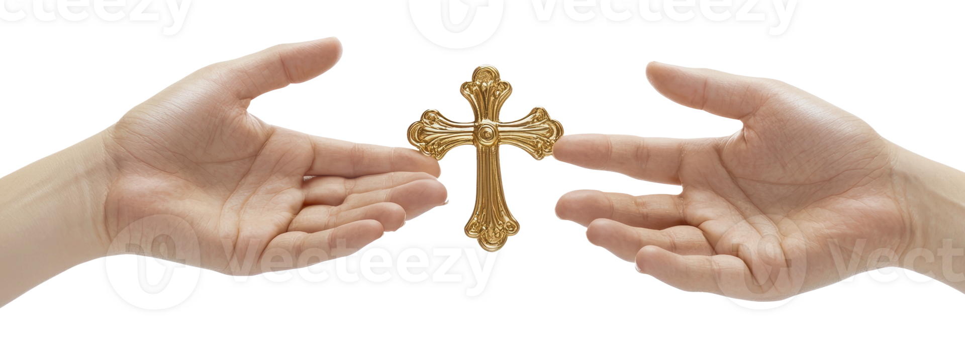 Hands exchanging a golden cross symbolizing faith png
