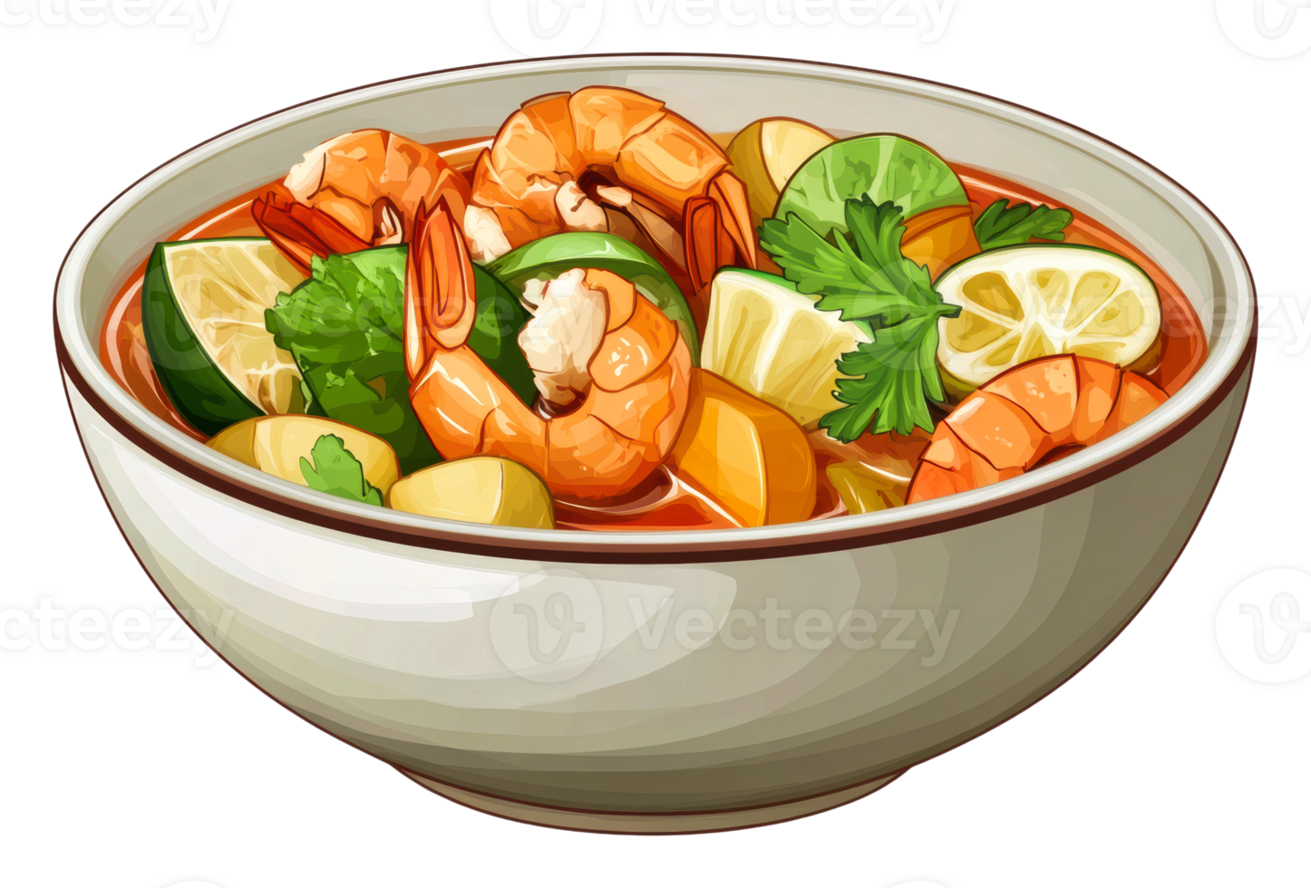 Shrimp broth with fresh vegetables and herbs png