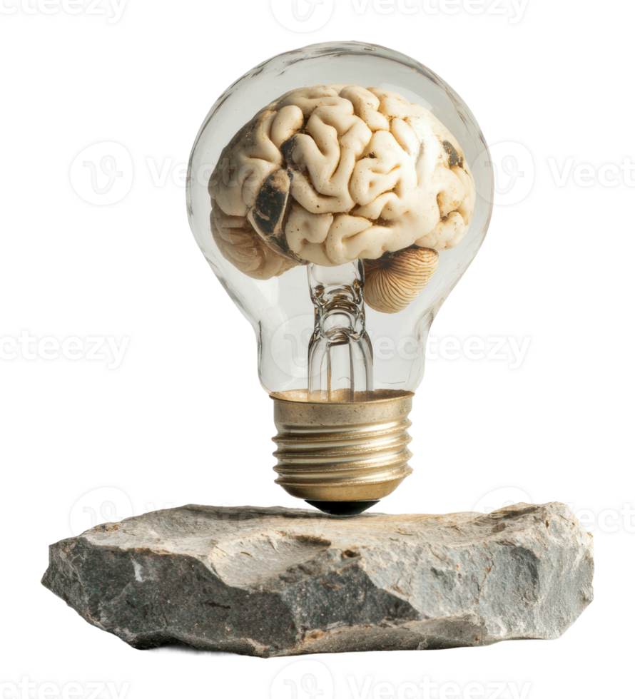 Conceptual art piece with brain in light bulb png