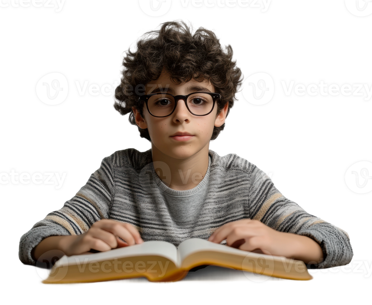 Boy reading a book with focused expression indoors png