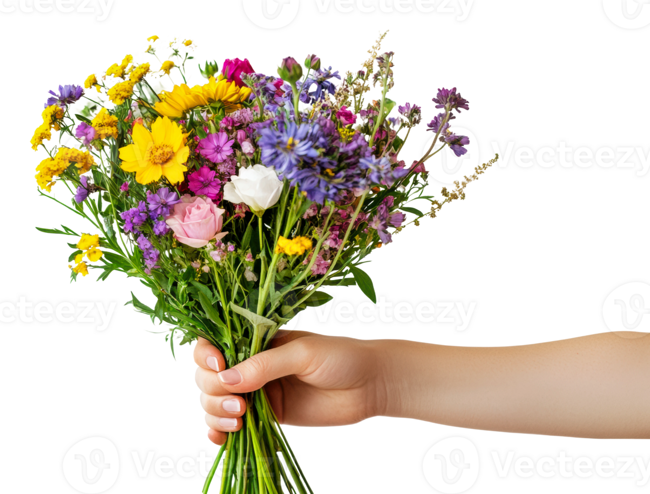 Colorful bouquet held in hand with fresh flowers png