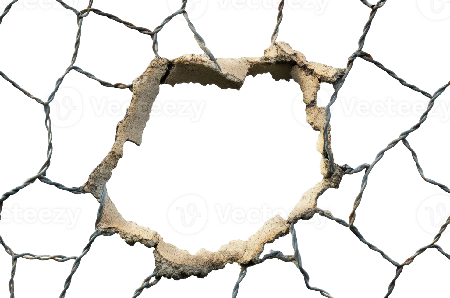 Hole in wire mesh with cracked surface detail png