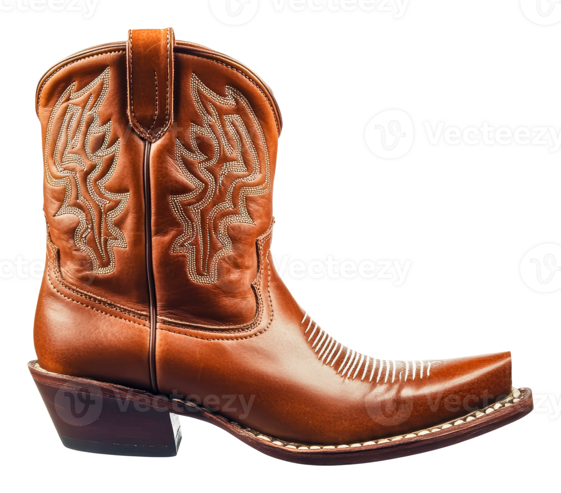 Brown leather cowboy boot with stitching png