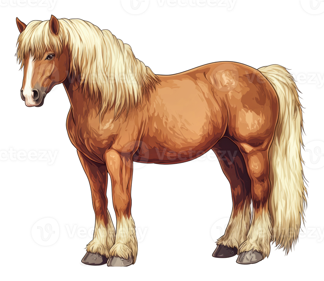 Horse with flowing mane standing in a natural pose png