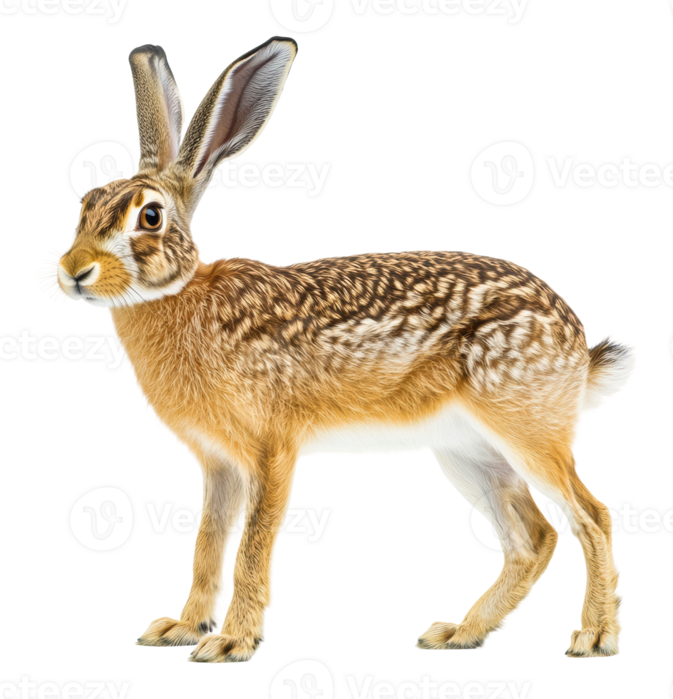 Brown hare stands alert in a natural pose png
