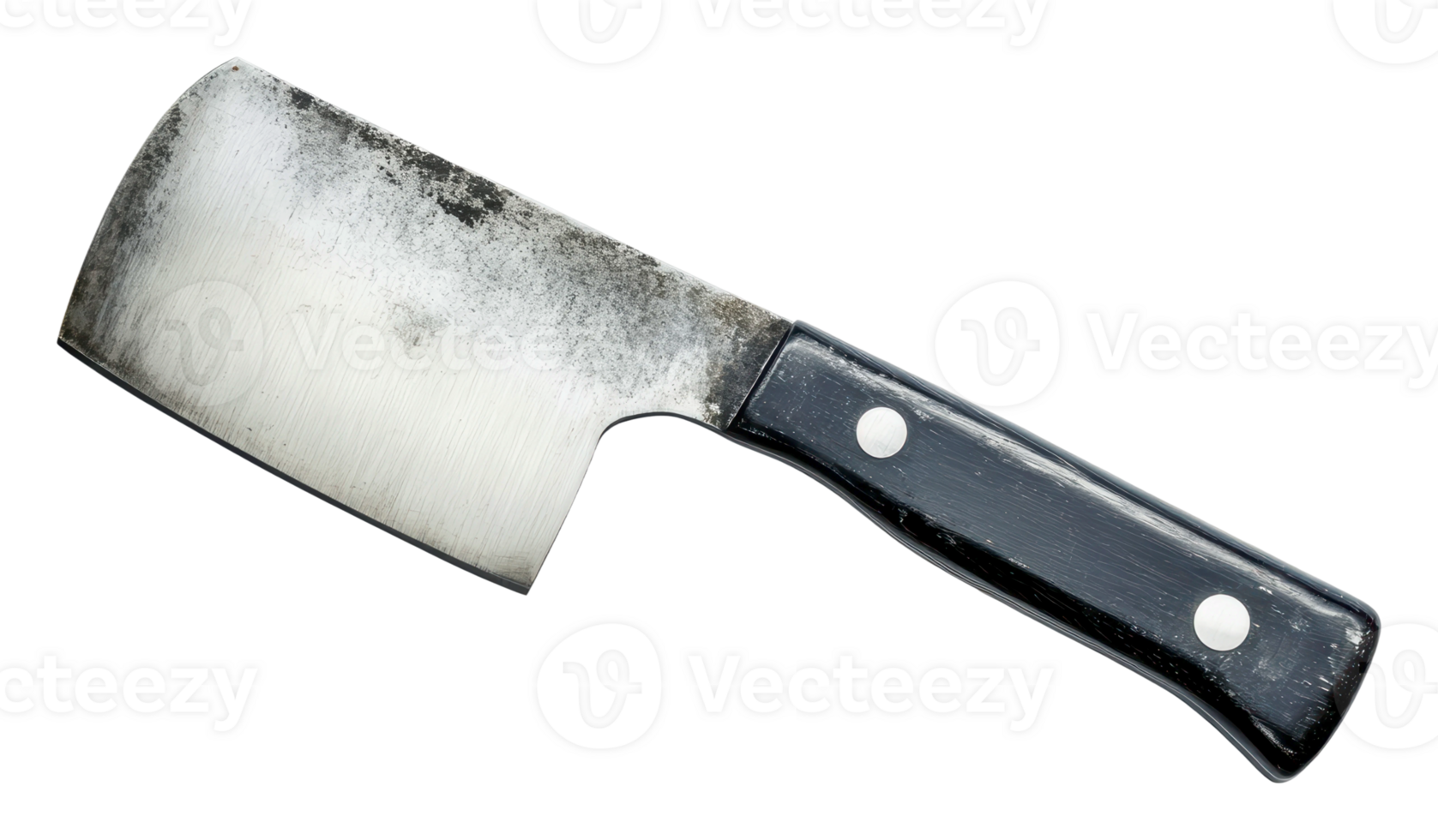 Sharp kitchen cleaver on wooden surface with wear png