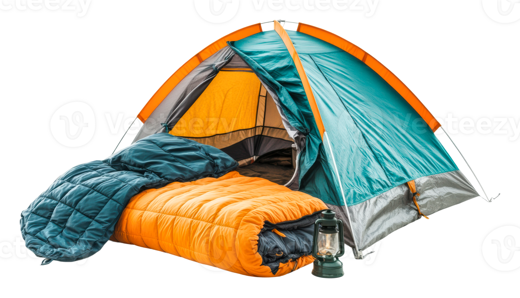 Cozy camping setup with tent and sleeping bags png