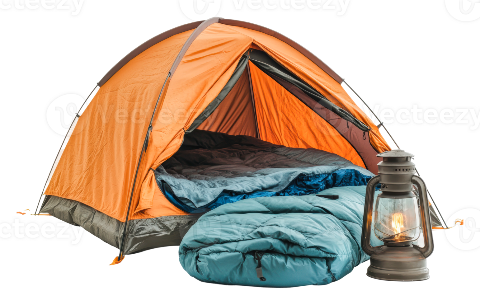 Cozy camping setup with orange tent and gear png