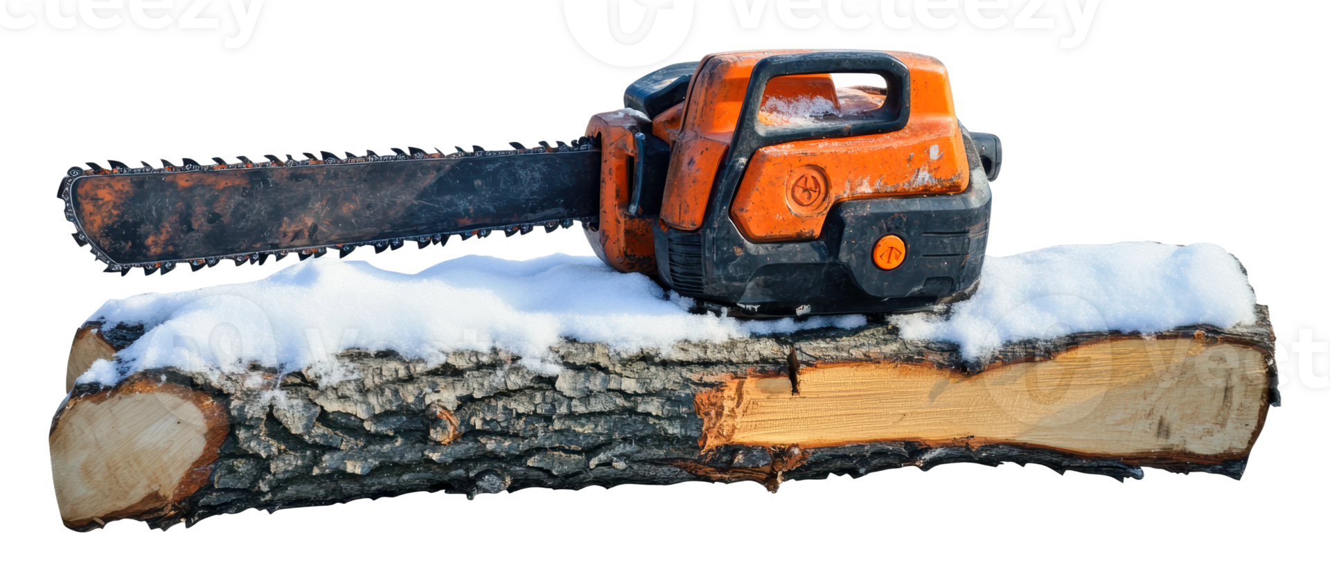 Chainsaw on log with snow in winter setting png