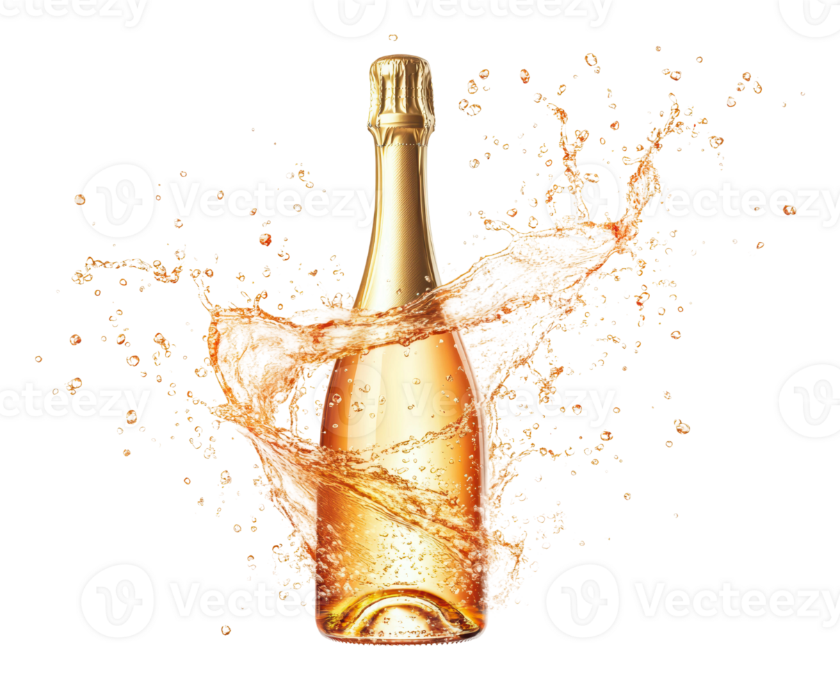 Sparkling bottle with champagne splashing around png