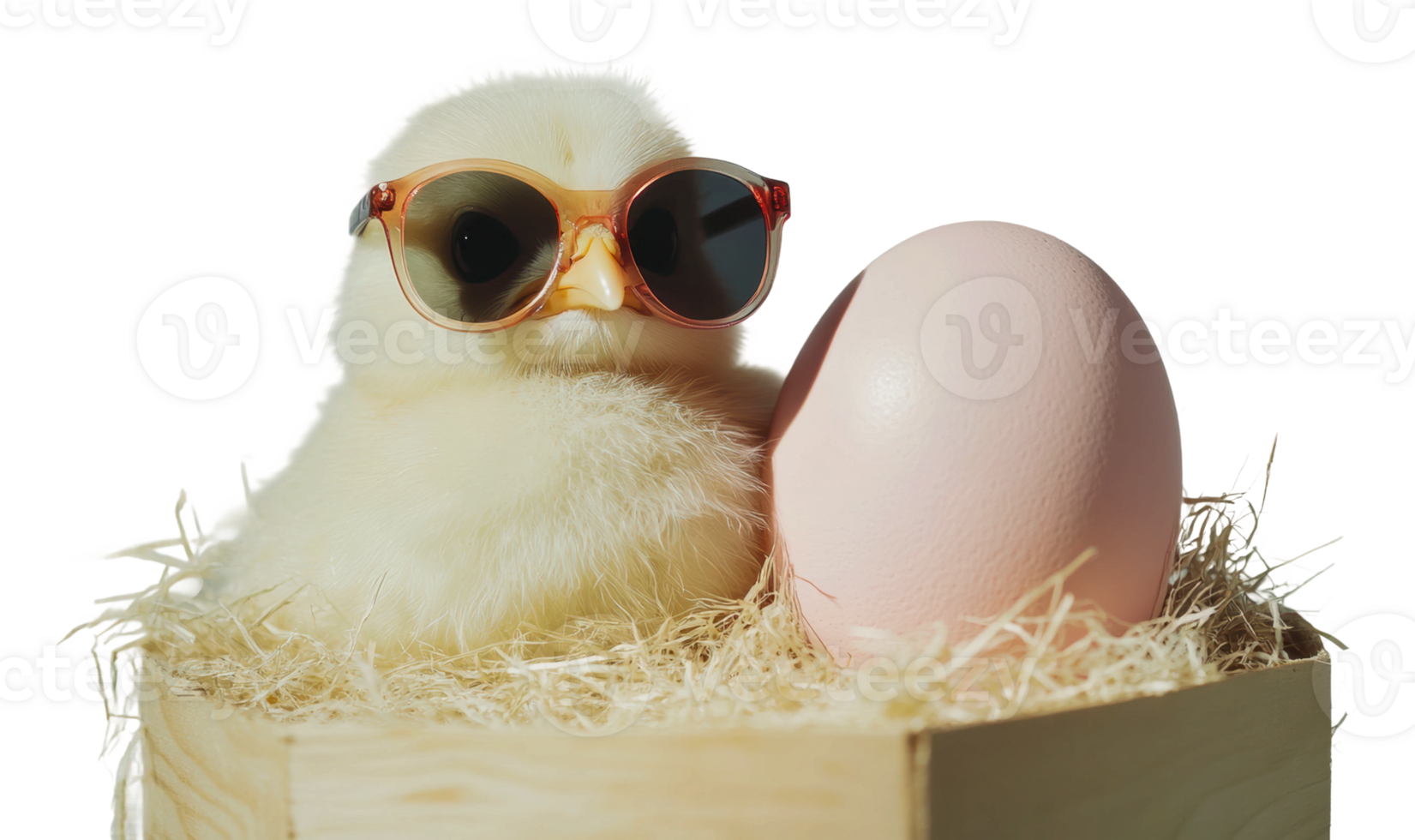 Chick with sunglasses beside a pink egg in a nest png