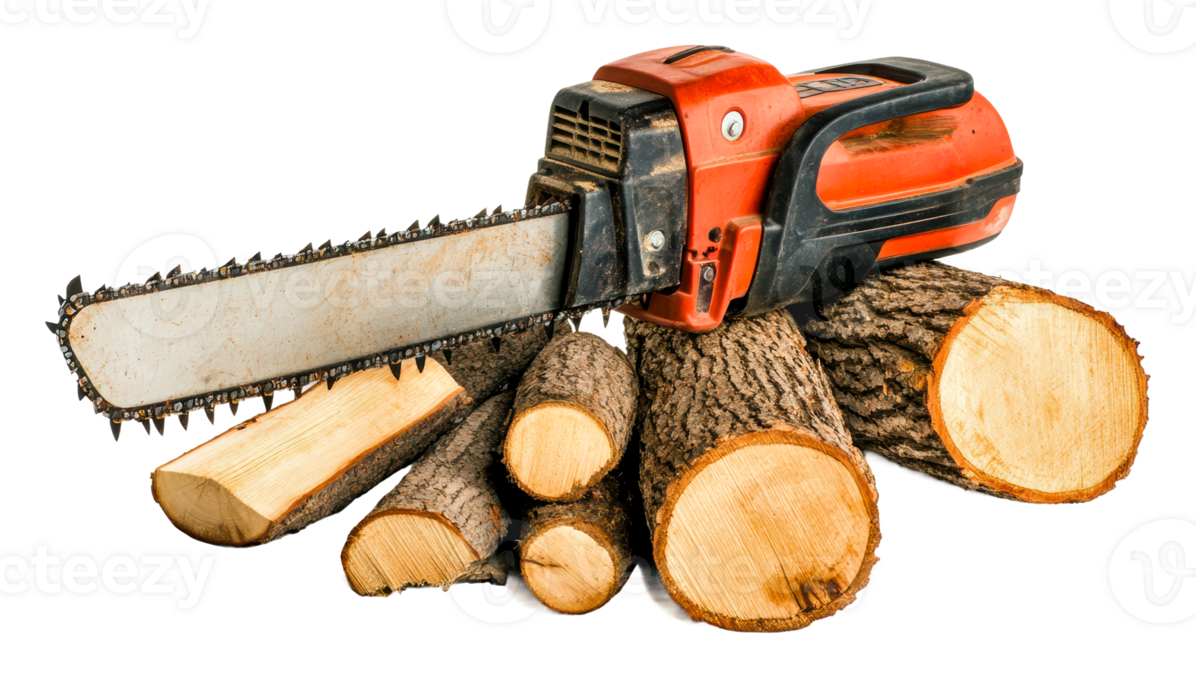 Chainsaw resting on cut logs in a workshop setting png
