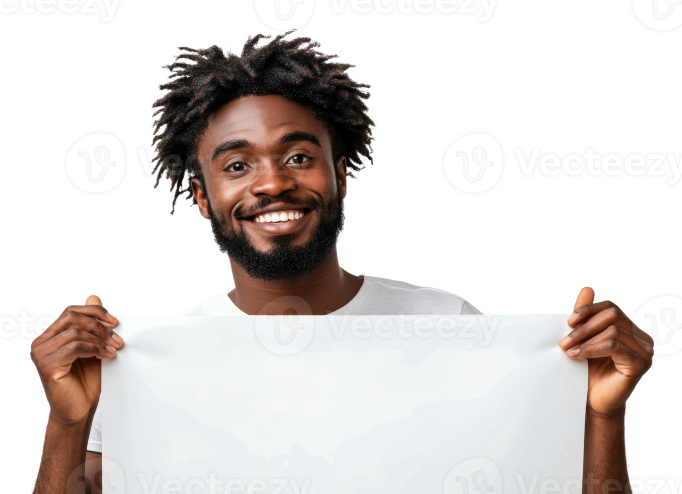 Smiling young man holds blank poster with pride png